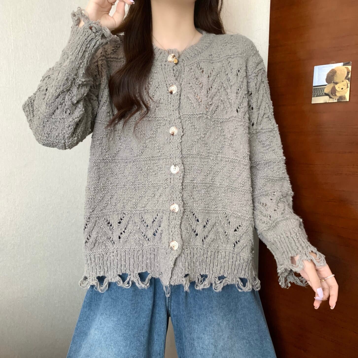 실사 빅 사이즈 여성 의류 파괴 바람 자수 술 라운드 넥 니트 오픈 가디건 지방 mm 패션 품격 다용도 맨위 상세 이미지 12