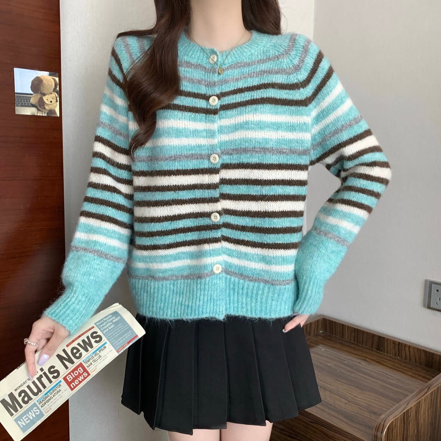 실사 빅 사이즈 여성 의류 한 부서 녹색 스트라이프 라운드 넥 니트 오픈 가디건 지방 mm 부드러운 찹쌀 다용도 맨위 상세 이미지 4