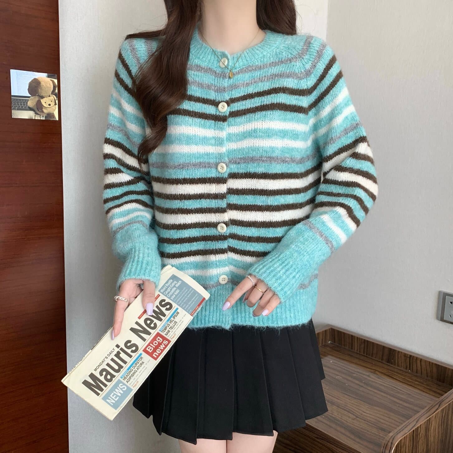 실사 빅 사이즈 여성 의류 한 부서 녹색 스트라이프 라운드 넥 니트 오픈 가디건 지방 mm 부드러운 찹쌀 다용도 맨위 상세 이미지 6