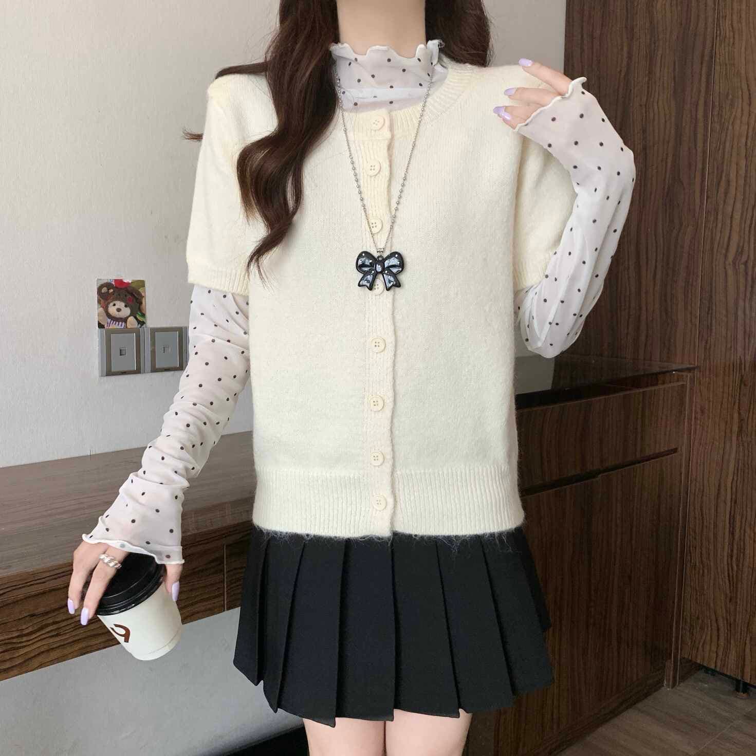 실사 빅 사이즈 여성 의류 한 부서 도트 무늬 프릴 인사이드 가져 가라. 기본 셔츠 스택 착용 베스트 오픈 가디건 스웨터 상세 이미지 5