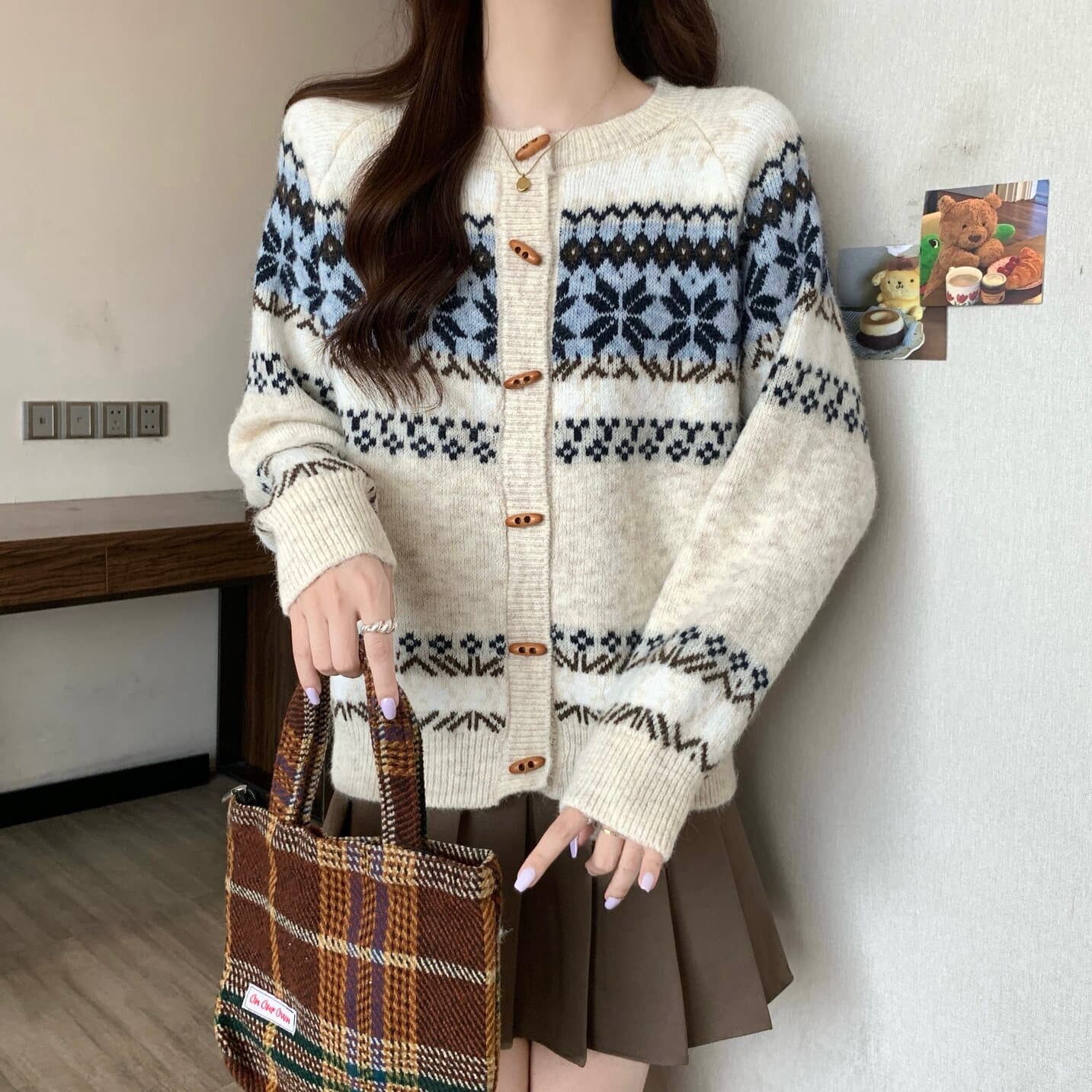 실사 빅 사이즈 여성 의류 한 부서 레트로 공정한 섬 자카드 니트 오픈 가디건 스웨터 지방 mm 부드러운 찹쌀 다용도 맨위 상세 이미지 7