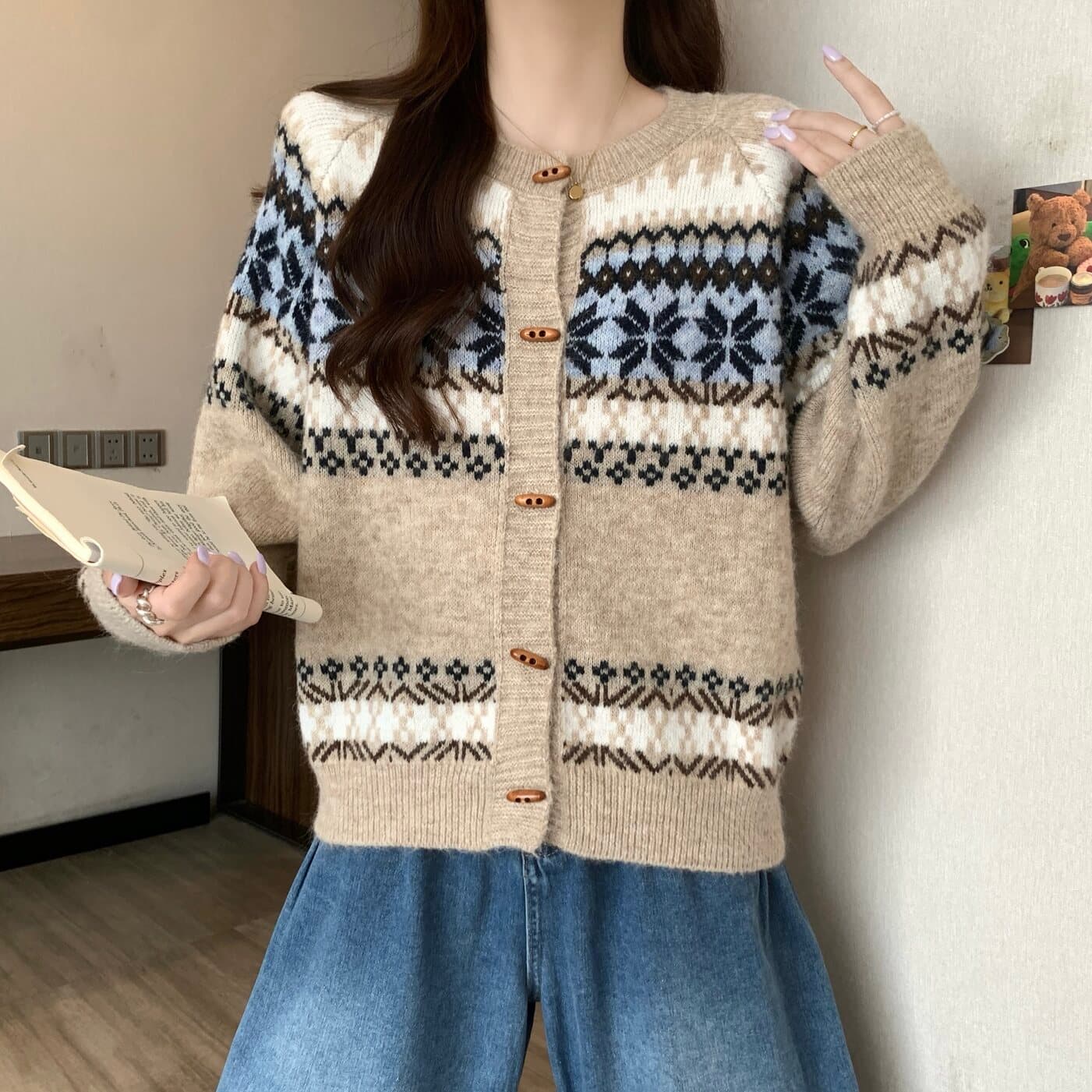 실사 빅 사이즈 여성 의류 한 부서 레트로 공정한 섬 자카드 니트 오픈 가디건 스웨터 지방 mm 부드러운 찹쌀 다용도 맨위 상세 이미지 13