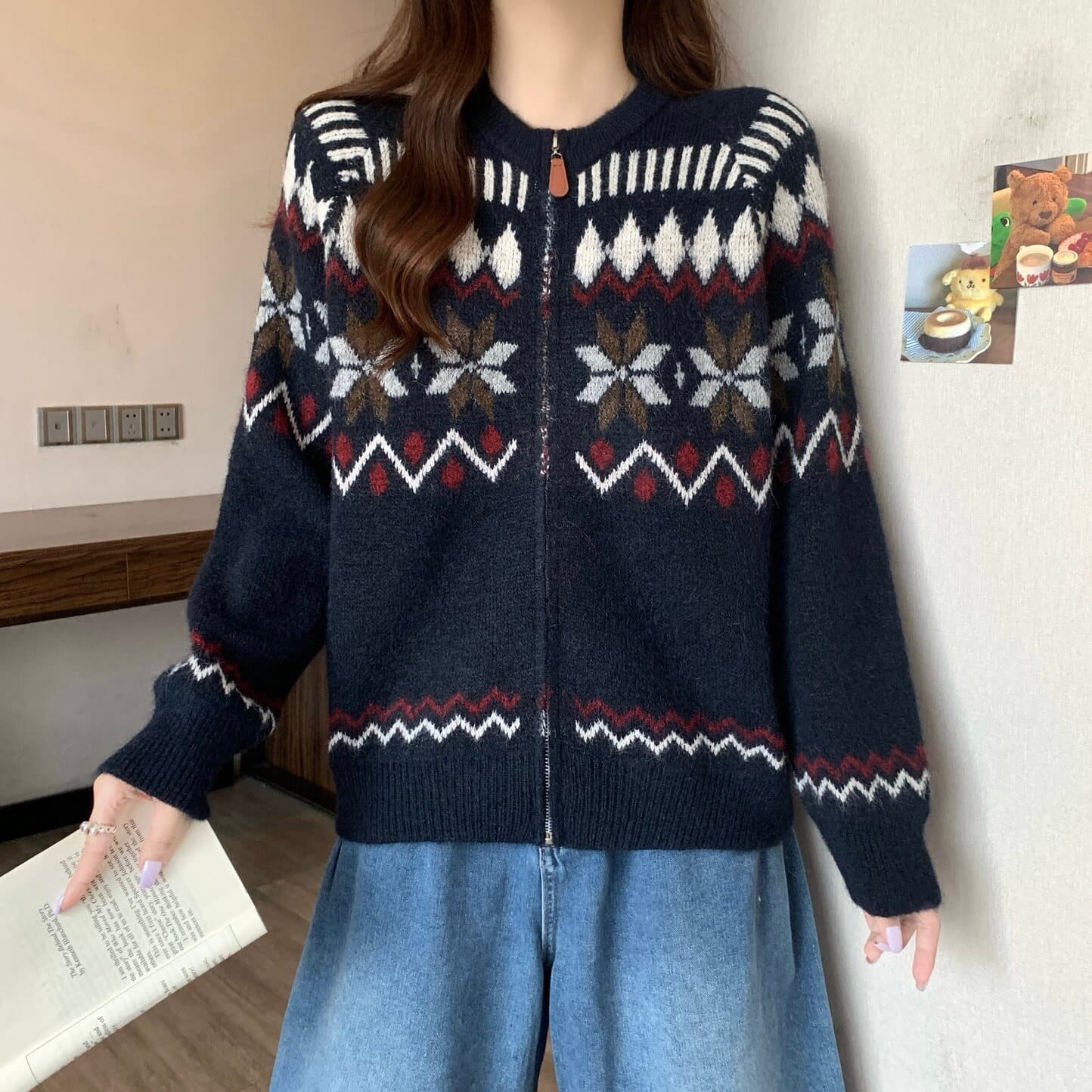 실사 빅 사이즈 여성 의류 레트로 공정한 섬 자카드 지퍼 카디건 코트 스웨터 지방 mm 부드러운 찹쌀 다용도 맨위 상세 이미지 3