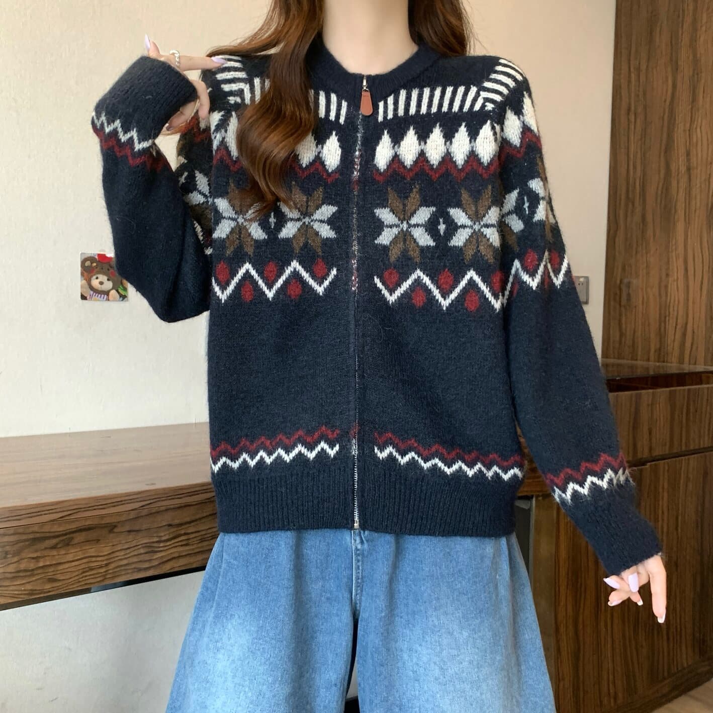 실사 빅 사이즈 여성 의류 레트로 공정한 섬 자카드 지퍼 카디건 코트 스웨터 지방 mm 부드러운 찹쌀 다용도 맨위 상세 이미지 5