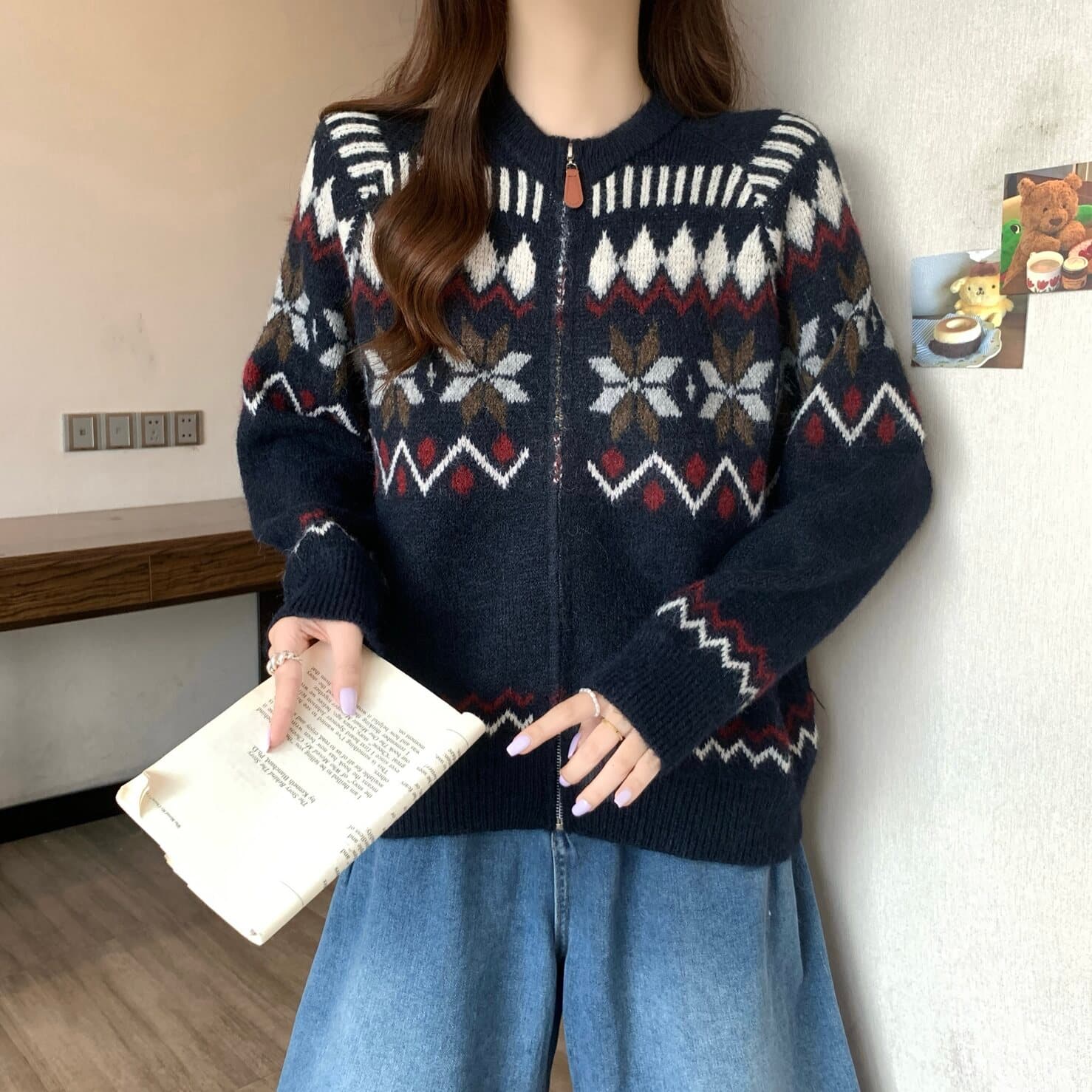실사 빅 사이즈 여성 의류 레트로 공정한 섬 자카드 지퍼 카디건 코트 스웨터 지방 mm 부드러운 찹쌀 다용도 맨위 상세 이미지 6
