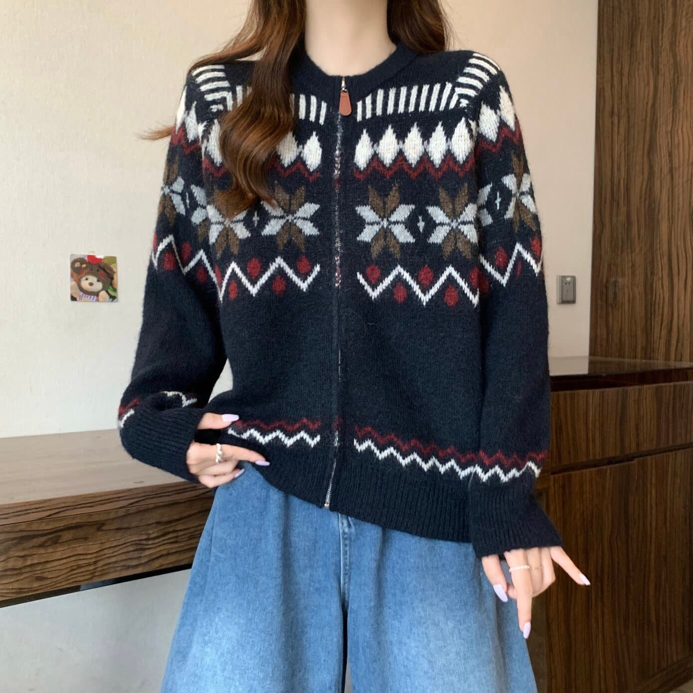 실사 빅 사이즈 여성 의류 레트로 공정한 섬 자카드 지퍼 카디건 코트 스웨터 지방 mm 부드러운 찹쌀 다용도 맨위 상세 이미지 7