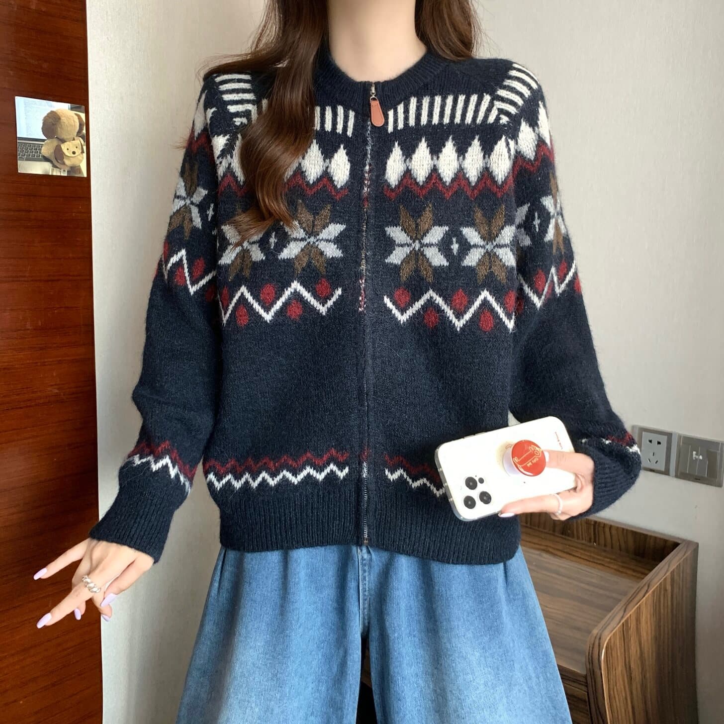 실사 빅 사이즈 여성 의류 레트로 공정한 섬 자카드 지퍼 카디건 코트 스웨터 지방 mm 부드러운 찹쌀 다용도 맨위 상세 이미지 8