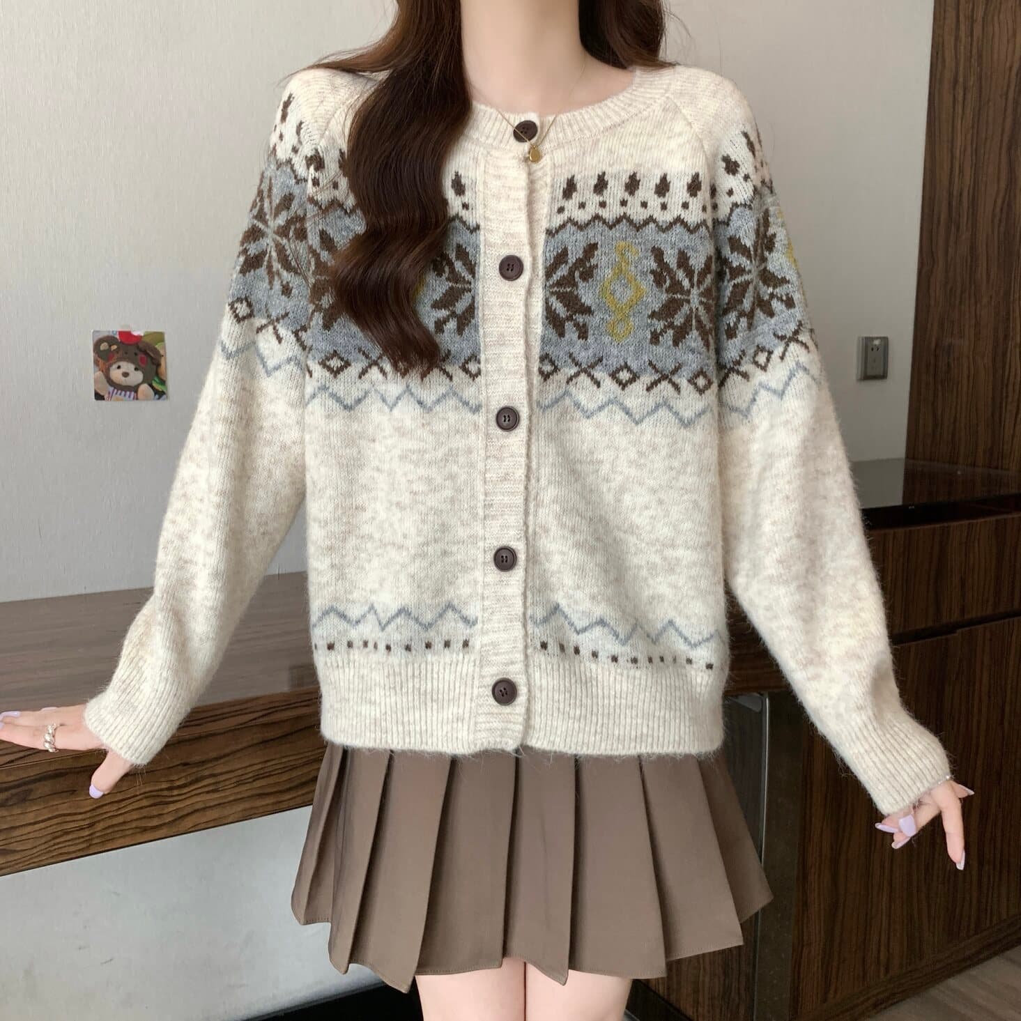 실사 빅 사이즈 여성 의류 레트로 공정한 섬 자카드 니트 오픈 가디건 스웨터 지방 mm 부드러운 찹쌀 다용도 맨위 상세 이미지 4