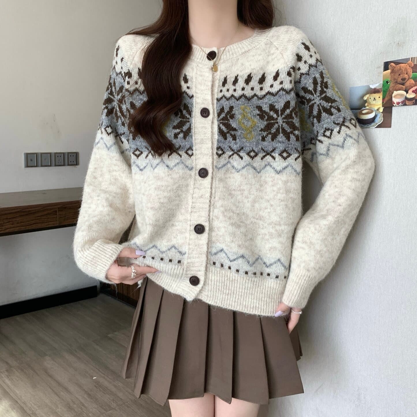 실사 빅 사이즈 여성 의류 레트로 공정한 섬 자카드 니트 오픈 가디건 스웨터 지방 mm 부드러운 찹쌀 다용도 맨위 상세 이미지 7