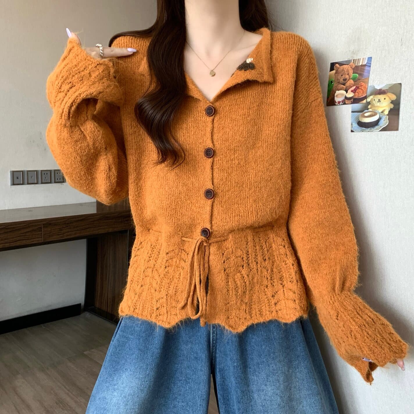 실사 빅 사이즈 여성 디자인 센스 홀로우 아웃 자카드 허리 수축 레이스업 나팔 소매 니트 스웨터 지방 mm 부드러운 찹쌀 다용도 맨위 상세 이미지 12