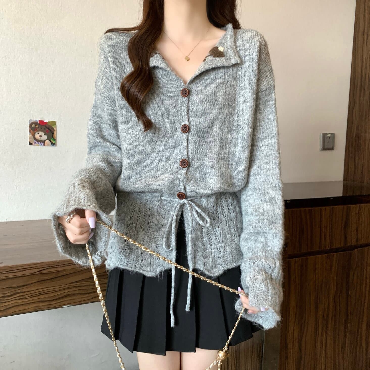 실사 빅 사이즈 여성 디자인 센스 홀로우 아웃 자카드 허리 수축 레이스업 나팔 소매 니트 스웨터 지방 mm 부드러운 찹쌀 다용도 맨위 상세 이미지 19