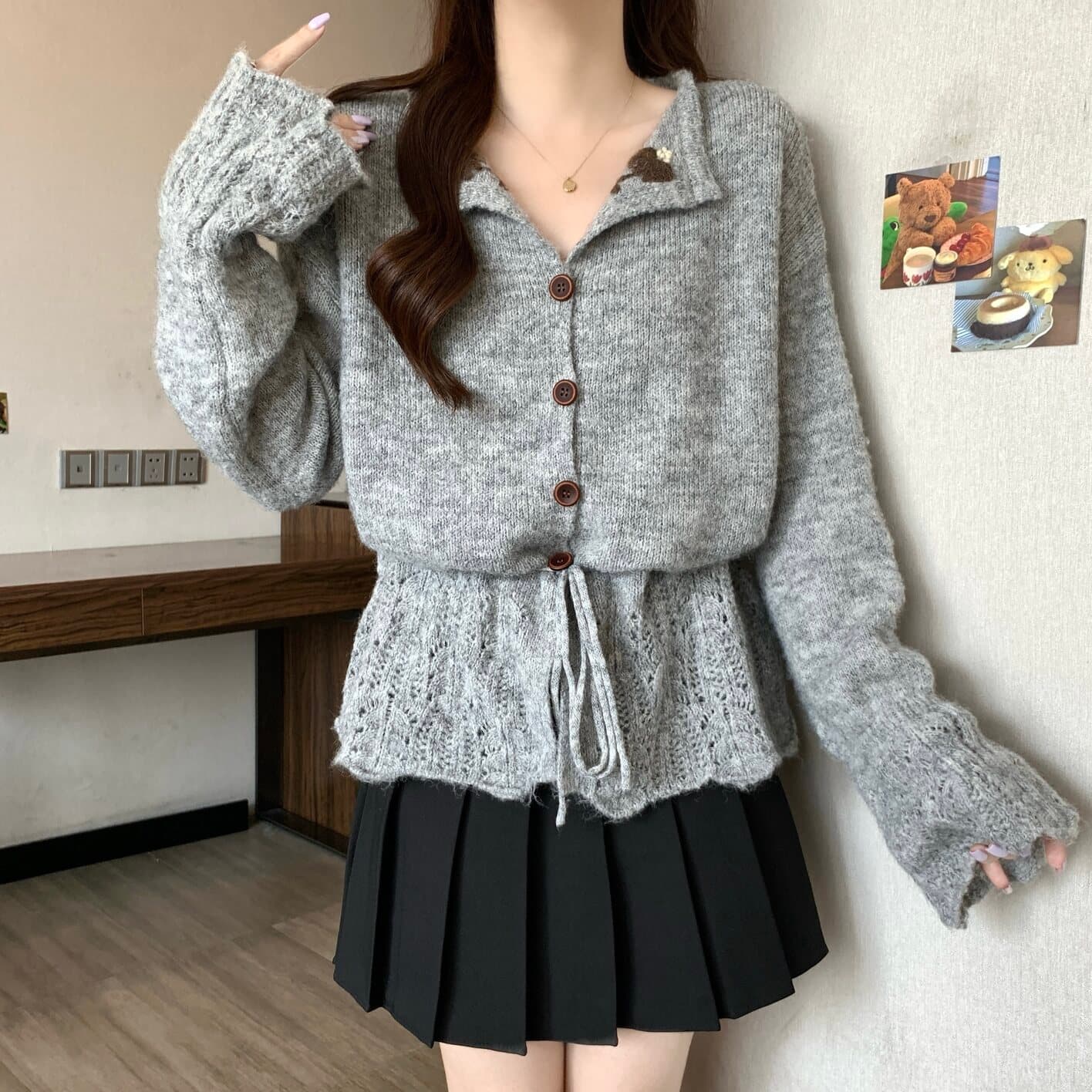 실사 빅 사이즈 여성 디자인 센스 홀로우 아웃 자카드 허리 수축 레이스업 나팔 소매 니트 스웨터 지방 mm 부드러운 찹쌀 다용도 맨위 상세 이미지 20