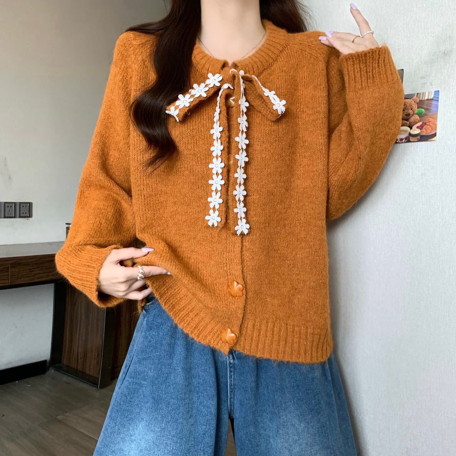 실사 빅 사이즈 여성 의류 달콤함 부드러운 바람 나비 매듭 스트랩 니트 오픈 가디건 스웨터 지방 mm 부드러운 찹쌀 다용도 맨위 상세 이미지 3