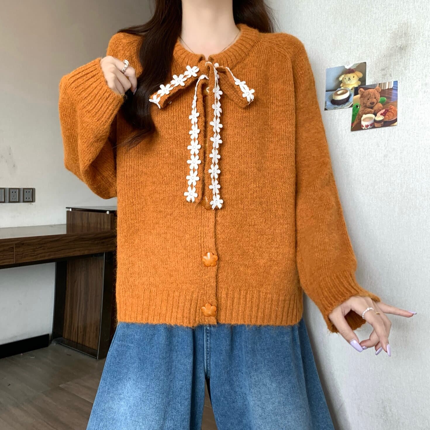 실사 빅 사이즈 여성 의류 달콤함 부드러운 바람 나비 매듭 스트랩 니트 오픈 가디건 스웨터 지방 mm 부드러운 찹쌀 다용도 맨위 상세 이미지 7