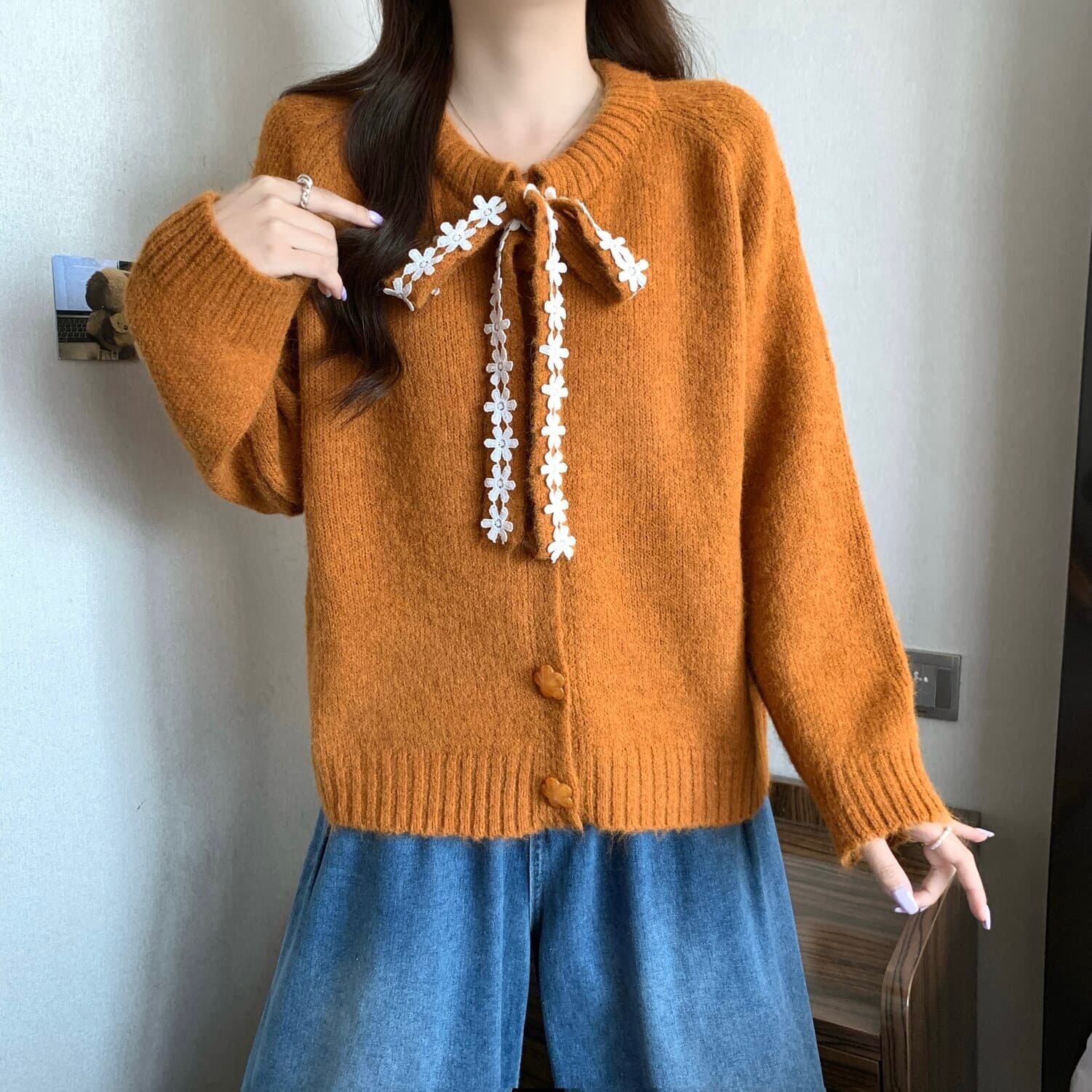 실사 빅 사이즈 여성 의류 달콤함 부드러운 바람 나비 매듭 스트랩 니트 오픈 가디건 스웨터 지방 mm 부드러운 찹쌀 다용도 맨위 상세 이미지 9