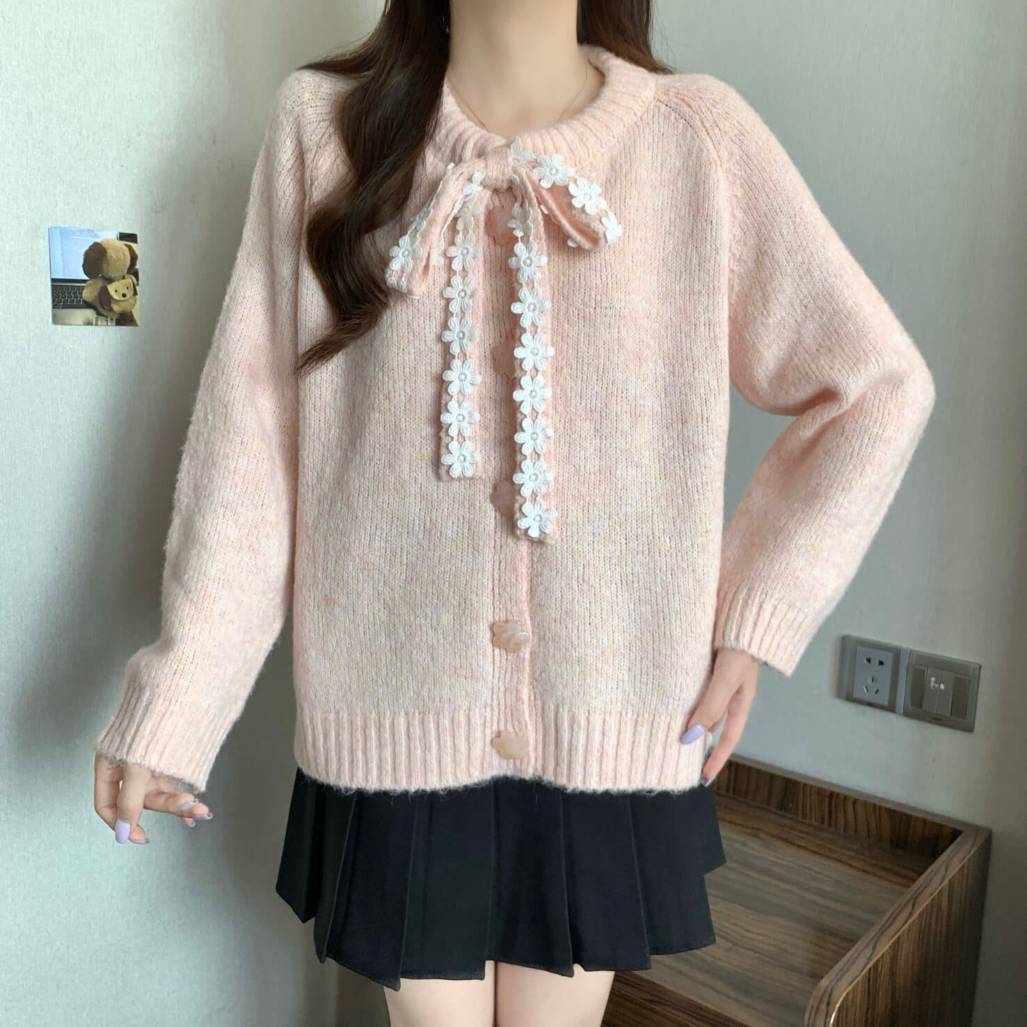 실사 빅 사이즈 여성 의류 달콤함 부드러운 바람 나비 매듭 스트랩 니트 오픈 가디건 스웨터 지방 mm 부드러운 찹쌀 다용도 맨위 상세 이미지 17