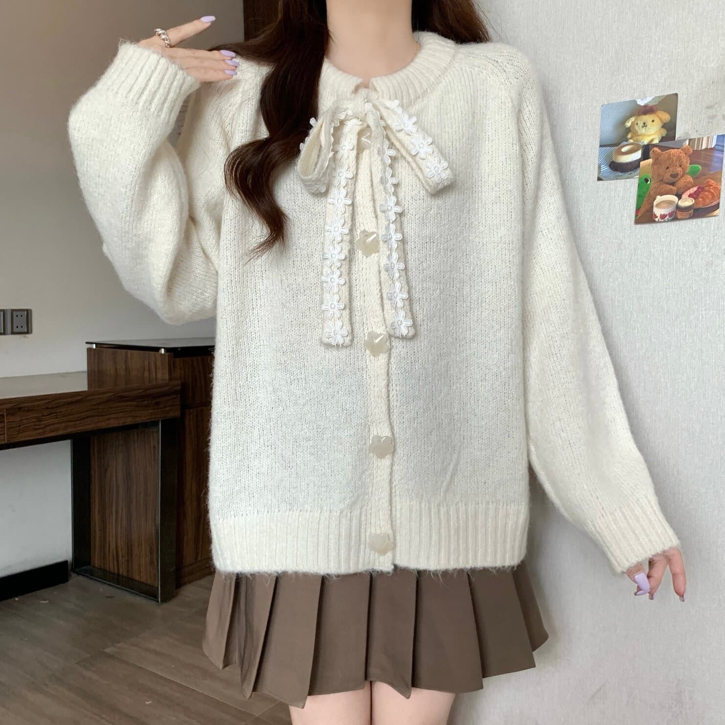 실사 빅 사이즈 여성 의류 달콤함 부드러운 바람 나비 매듭 스트랩 니트 오픈 가디건 스웨터 지방 mm 부드러운 찹쌀 다용도 맨위 상세 이미지 20
