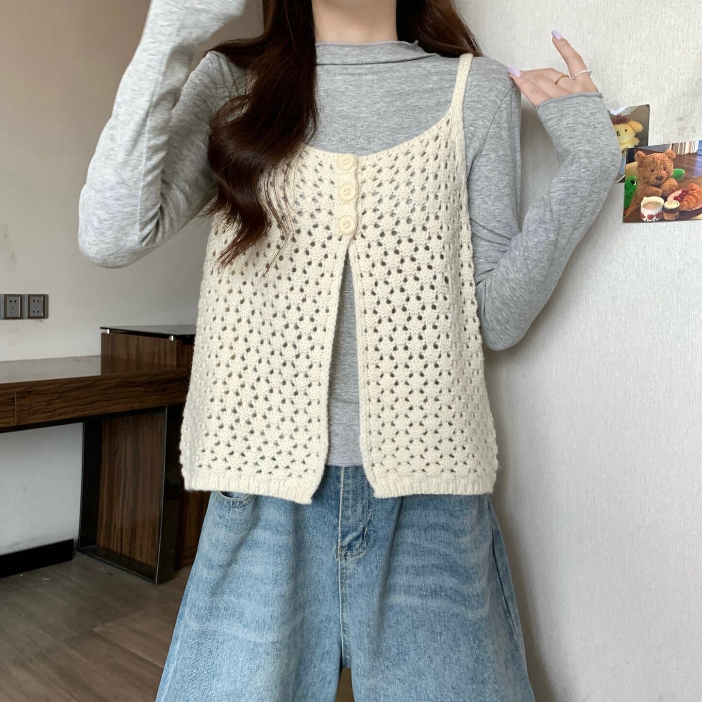 실사 빅 사이즈 여성 의류 한 부서 자수 홀로우 아웃 스택 착용 세 버클 니트 베스트 지방 mm 다용도 맨위 상세 이미지 16