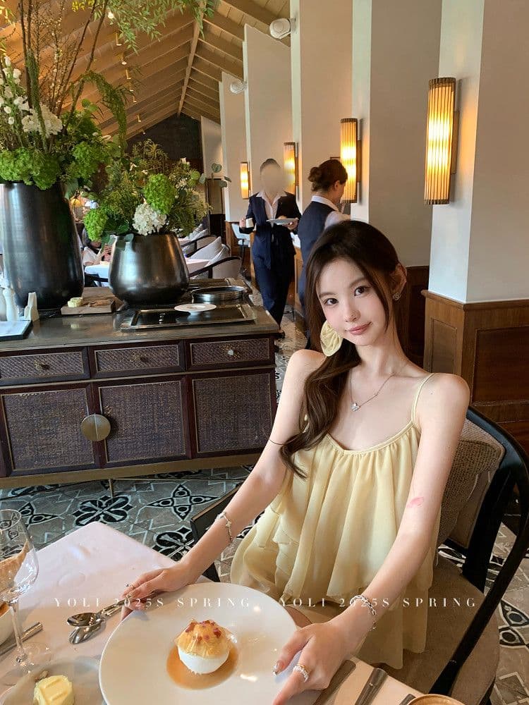 summer 휴가 디자인 센스 행침 목 슬립 맨위 여성 V넥 디자인 센스 쉬폰 블라우스 이미지 3