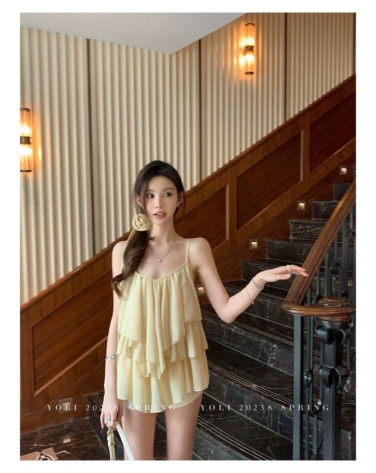 summer 휴가 디자인 센스 행침 목 슬립 맨위 여성 V넥 디자인 센스 쉬폰 블라우스 상세 이미지 12