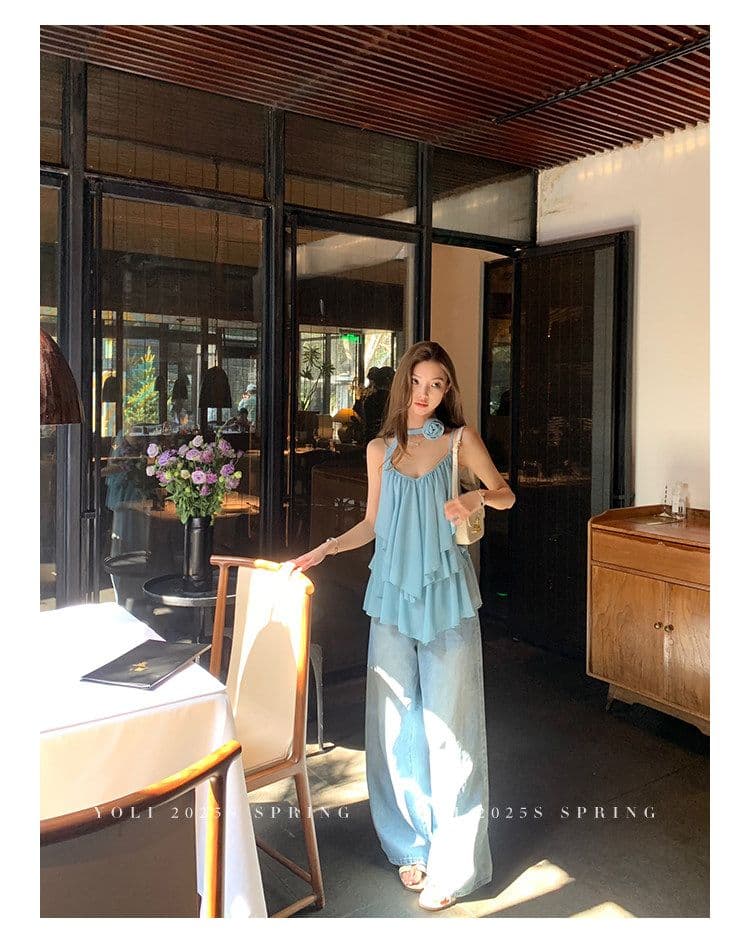 summer 휴가 디자인 센스 행침 목 슬립 맨위 여성 V넥 디자인 센스 쉬폰 블라우스 상세 이미지 17