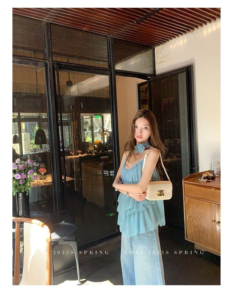 summer 휴가 디자인 센스 행침 목 슬립 맨위 여성 V넥 디자인 센스 쉬폰 블라우스 상세 이미지 19