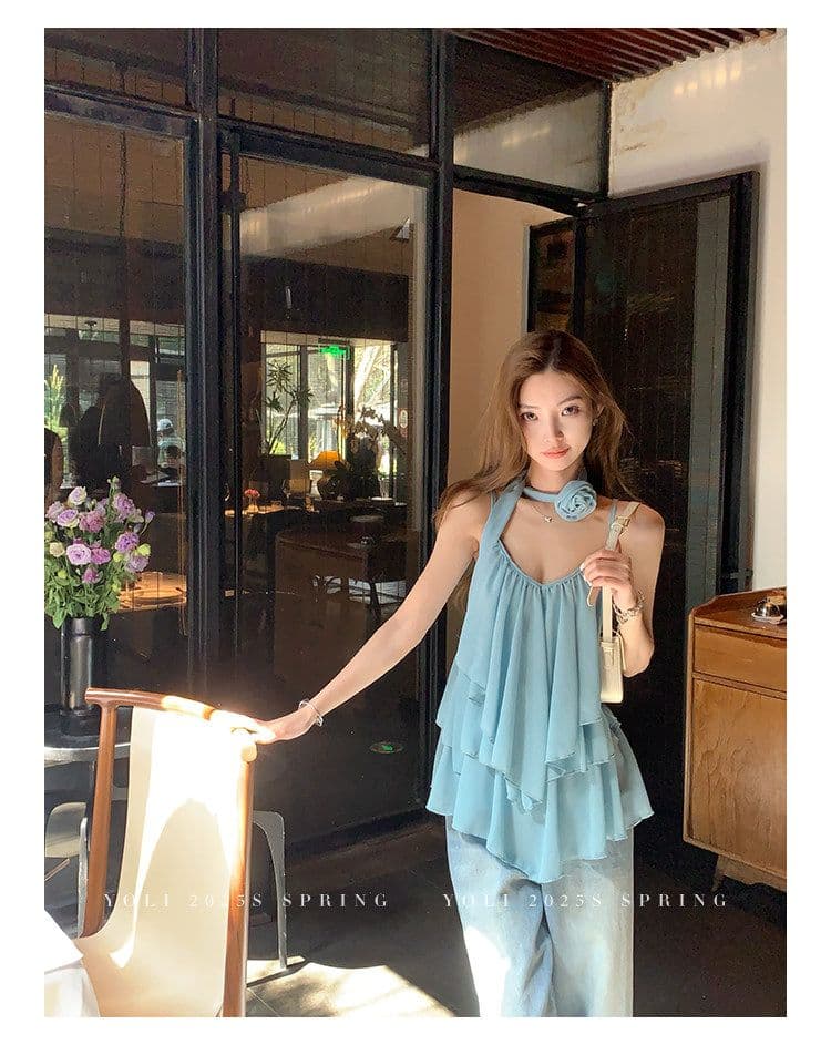summer 휴가 디자인 센스 행침 목 슬립 맨위 여성 V넥 디자인 센스 쉬폰 블라우스 상세 이미지 27
