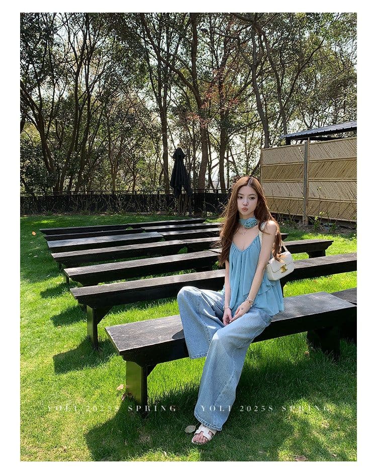 summer 휴가 디자인 센스 행침 목 슬립 맨위 여성 V넥 디자인 센스 쉬폰 블라우스 상세 이미지 29