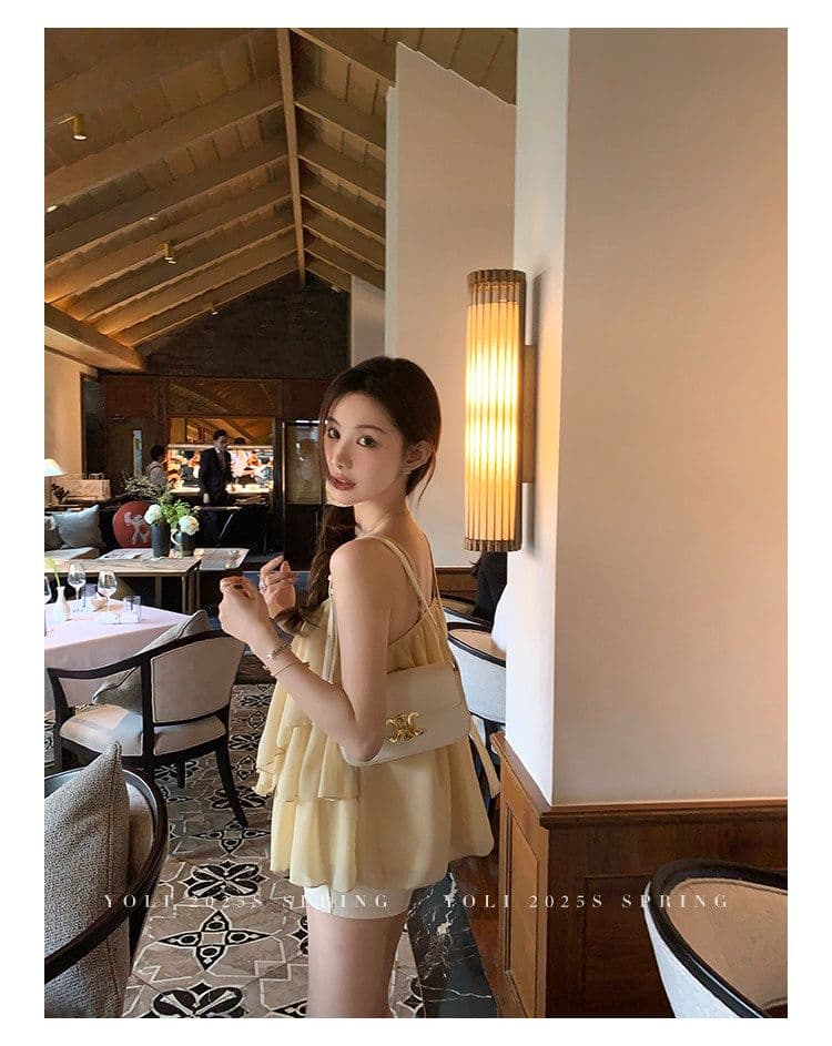 summer 휴가 디자인 센스 행침 목 슬립 맨위 여성 V넥 디자인 센스 쉬폰 블라우스 상세 이미지 30