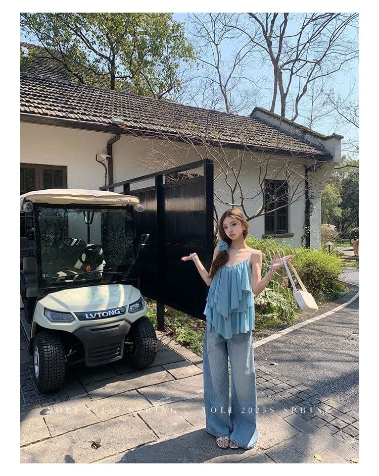 summer 휴가 디자인 센스 행침 목 슬립 맨위 여성 V넥 디자인 센스 쉬폰 블라우스 상세 이미지 31
