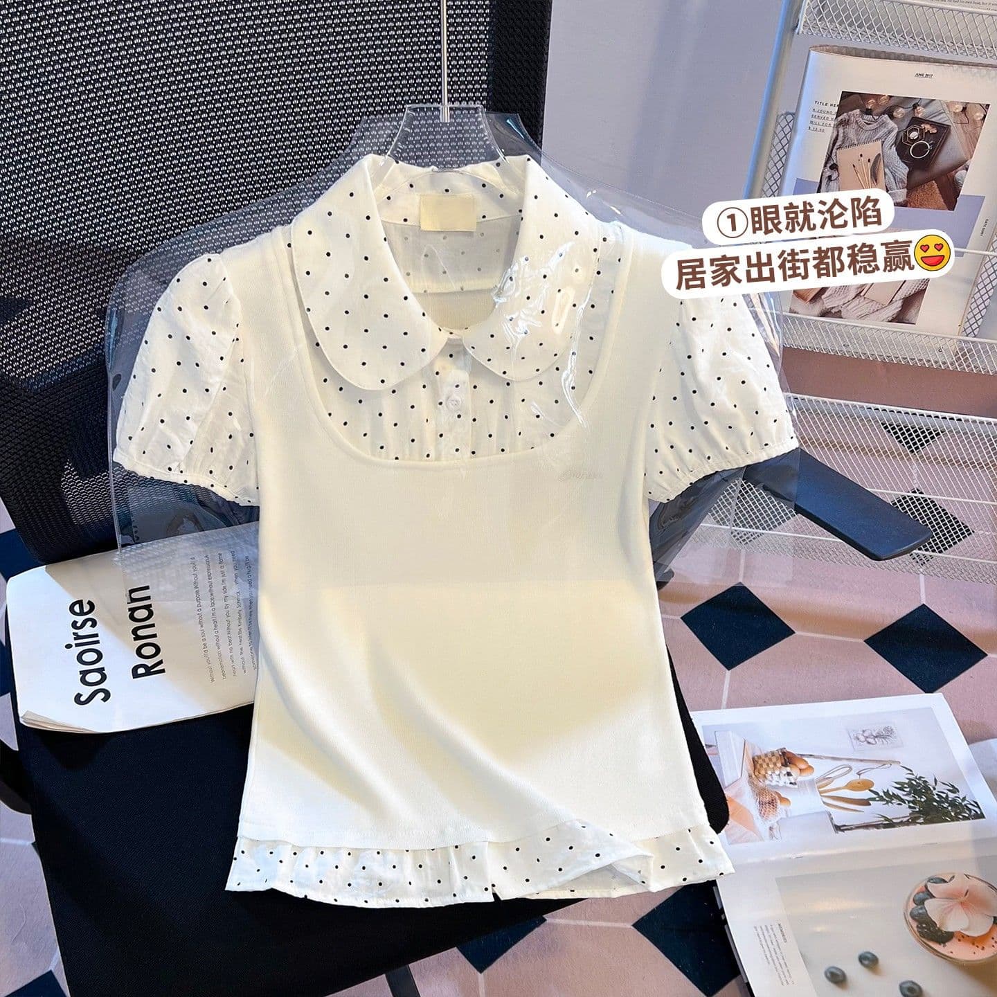 순면 여름 새로운 도트 무늬 베이비 칼라 페이크 레이어드 반팔 여성 작은 대중 디자인 센스 몸매 가꾸기 쇼트 스타일 맨위 상세 이미지 1