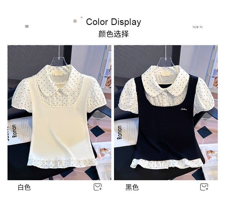 순면 여름 새로운 도트 무늬 베이비 칼라 페이크 레이어드 반팔 여성 작은 대중 디자인 센스 몸매 가꾸기 쇼트 스타일 맨위 상세 이미지 8