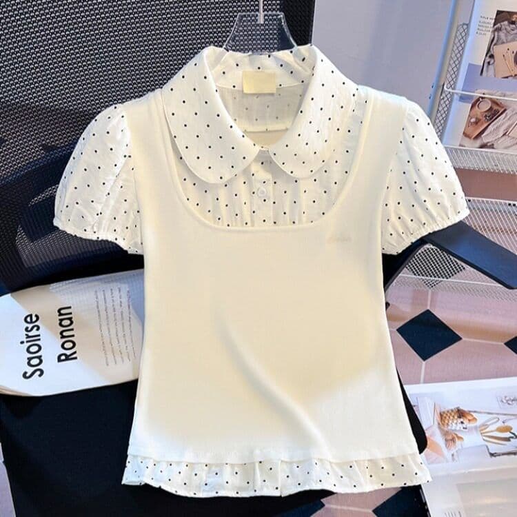 순면 여름 새로운 도트 무늬 베이비 칼라 페이크 레이어드 반팔 여성 작은 대중 디자인 센스 몸매 가꾸기 쇼트 스타일 맨위 상세 이미지 22