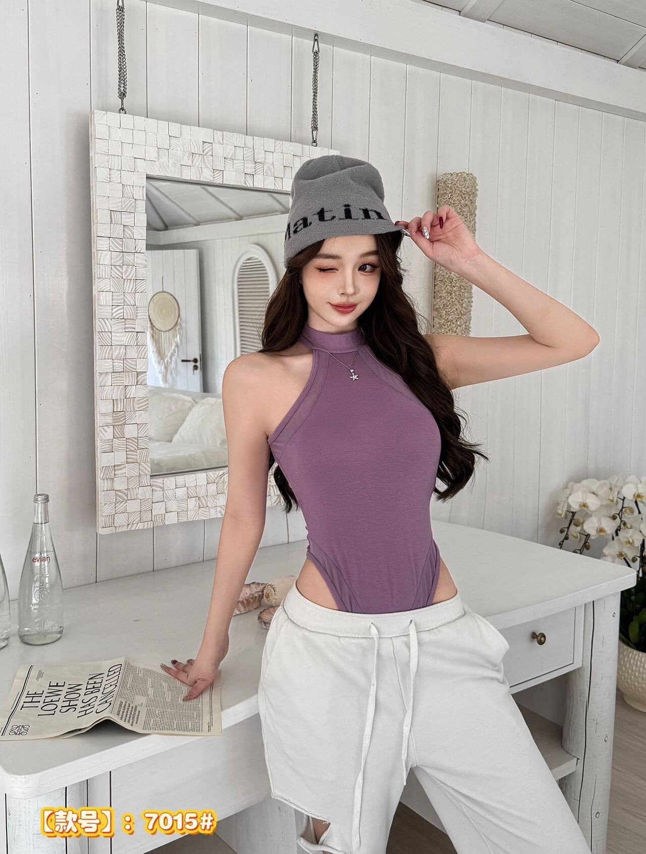 사람들 면 패치워크 망사 민소매 행침 목 캐미솔 여름 망사 패치워크 몸매 가꾸기 보라색 올인원 의류 상세 이미지 15