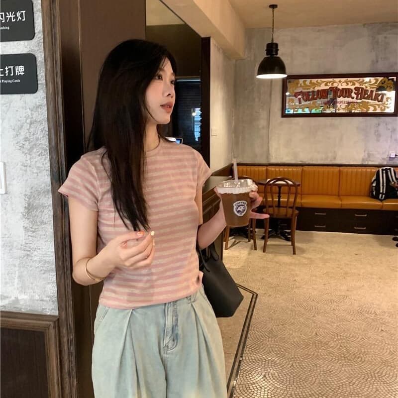 스트라이프 배색 디자인 긍정적 인 어깨 반팔 티셔츠 여성 여름 이미지 5