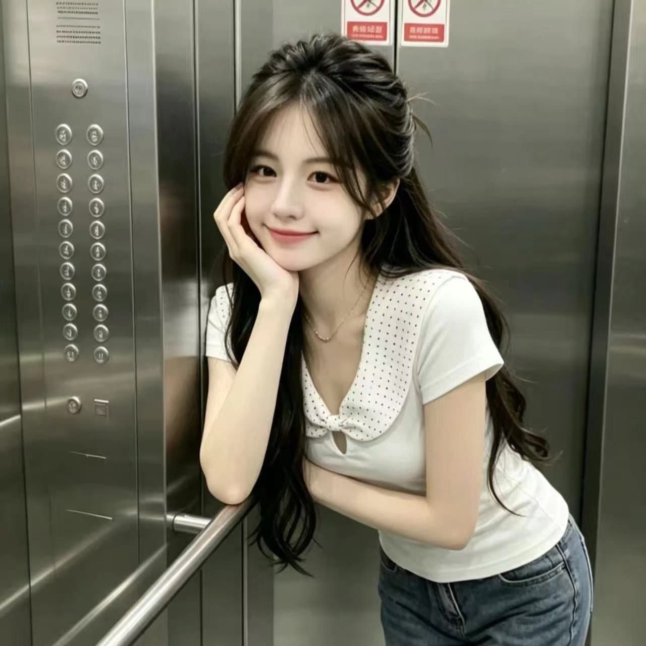 한 부서 도트 무늬 베이비 칼라 반팔 여성 디자인 센스 맨위 이미지 5