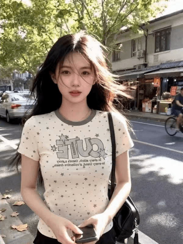 아메리칸 레트로 도트 무늬 알파벳 자수 긍정적 인 어깨 반팔 티셔츠 여성 여름 몸매 가꾸기 작은 키 고유 한 아름다운 맨위 상세 이미지 3