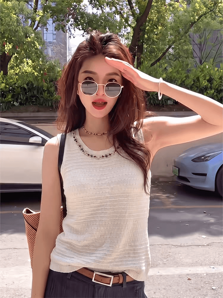 보헤미안 바람 무거운 작업 비즈 박기 니트 조끼 여성 여름 외출용 고급 센스 정장 인사이드 가져 가라. 만나는 민소매 맨위 이미지 4