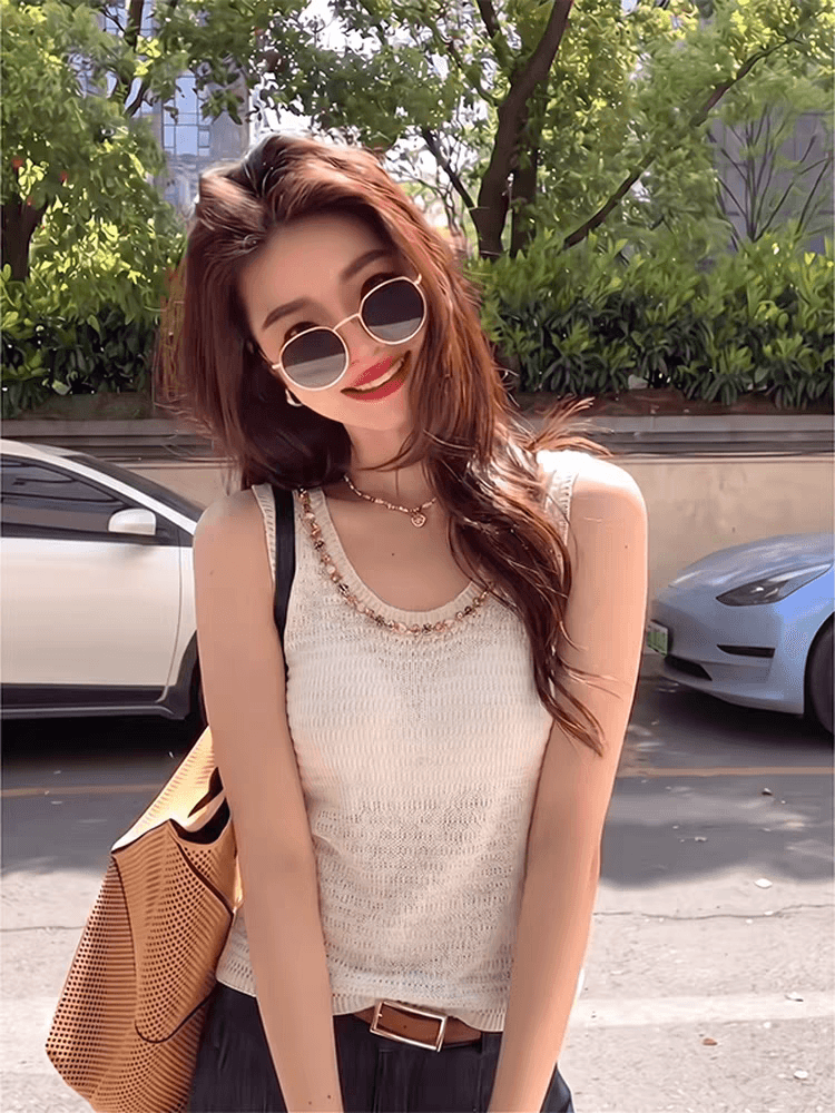 보헤미안 바람 무거운 작업 비즈 박기 니트 조끼 여성 여름 외출용 고급 센스 정장 인사이드 가져 가라. 만나는 민소매 맨위 상세 이미지 3