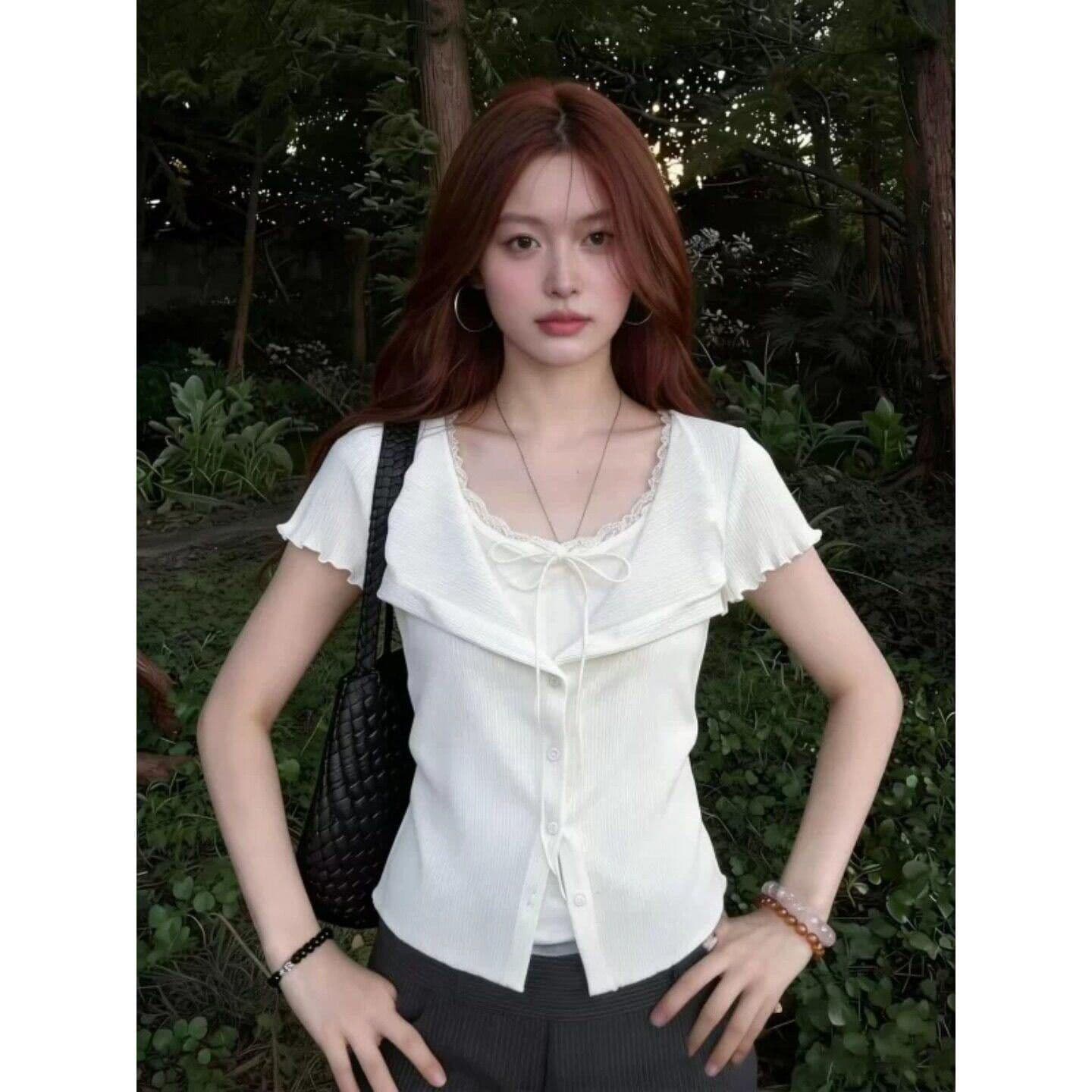 순수한 욕망 V넥 레이스업 긍정적 인 어깨 반팔 티셔츠 여성 여름 프릴 페이크 레이어드 허리 수축 슬림해 보이는 맨위 이미지 5