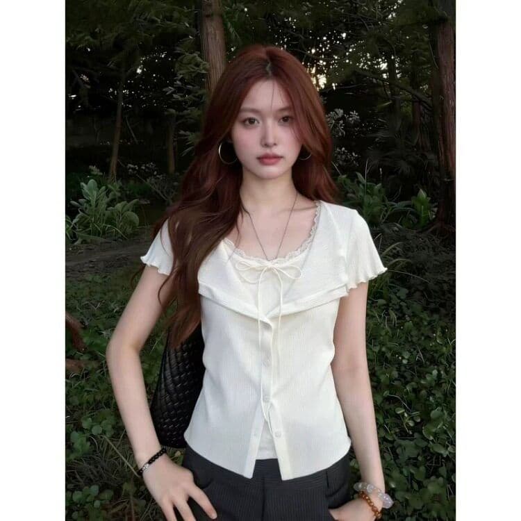 순수한 욕망 V넥 레이스업 긍정적 인 어깨 반팔 티셔츠 여성 여름 프릴 페이크 레이어드 허리 수축 슬림해 보이는 맨위 상세 이미지 3
