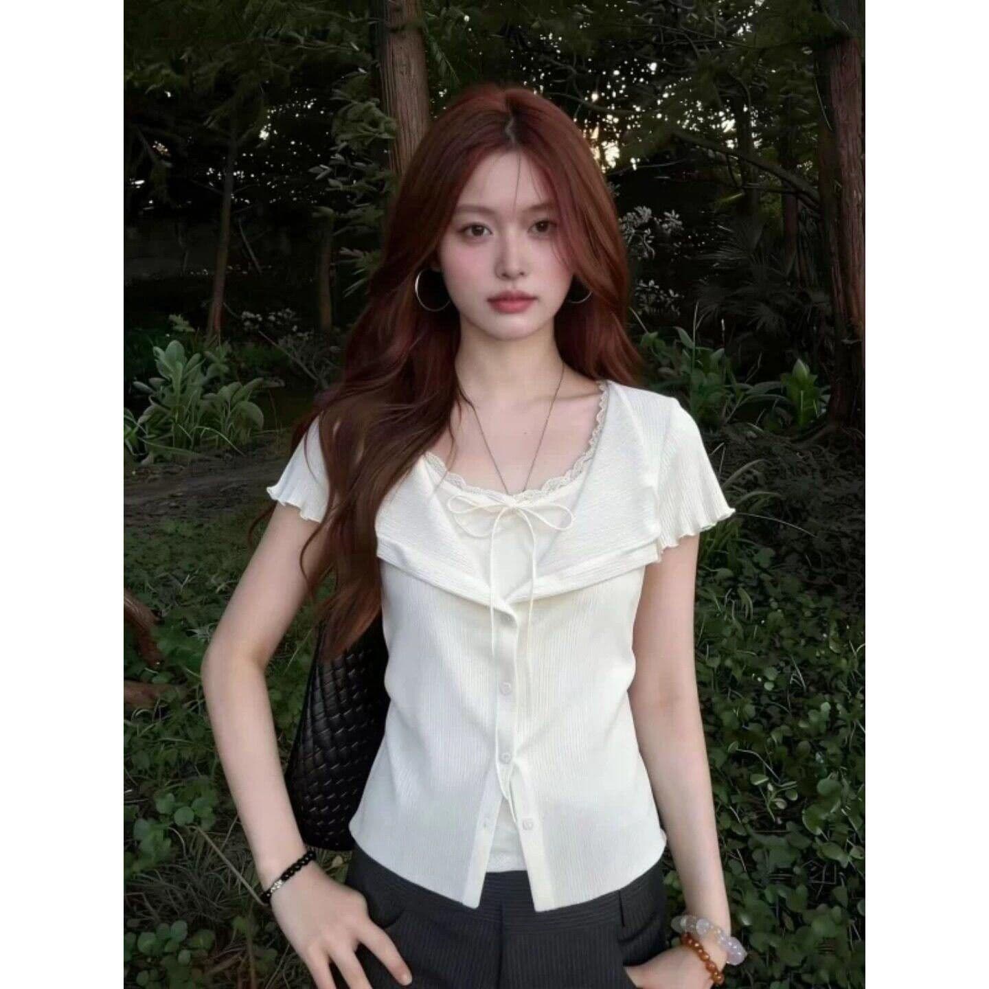 순수한 욕망 V넥 레이스업 긍정적 인 어깨 반팔 티셔츠 여성 여름 프릴 페이크 레이어드 허리 수축 슬림해 보이는 맨위 상세 이미지 7