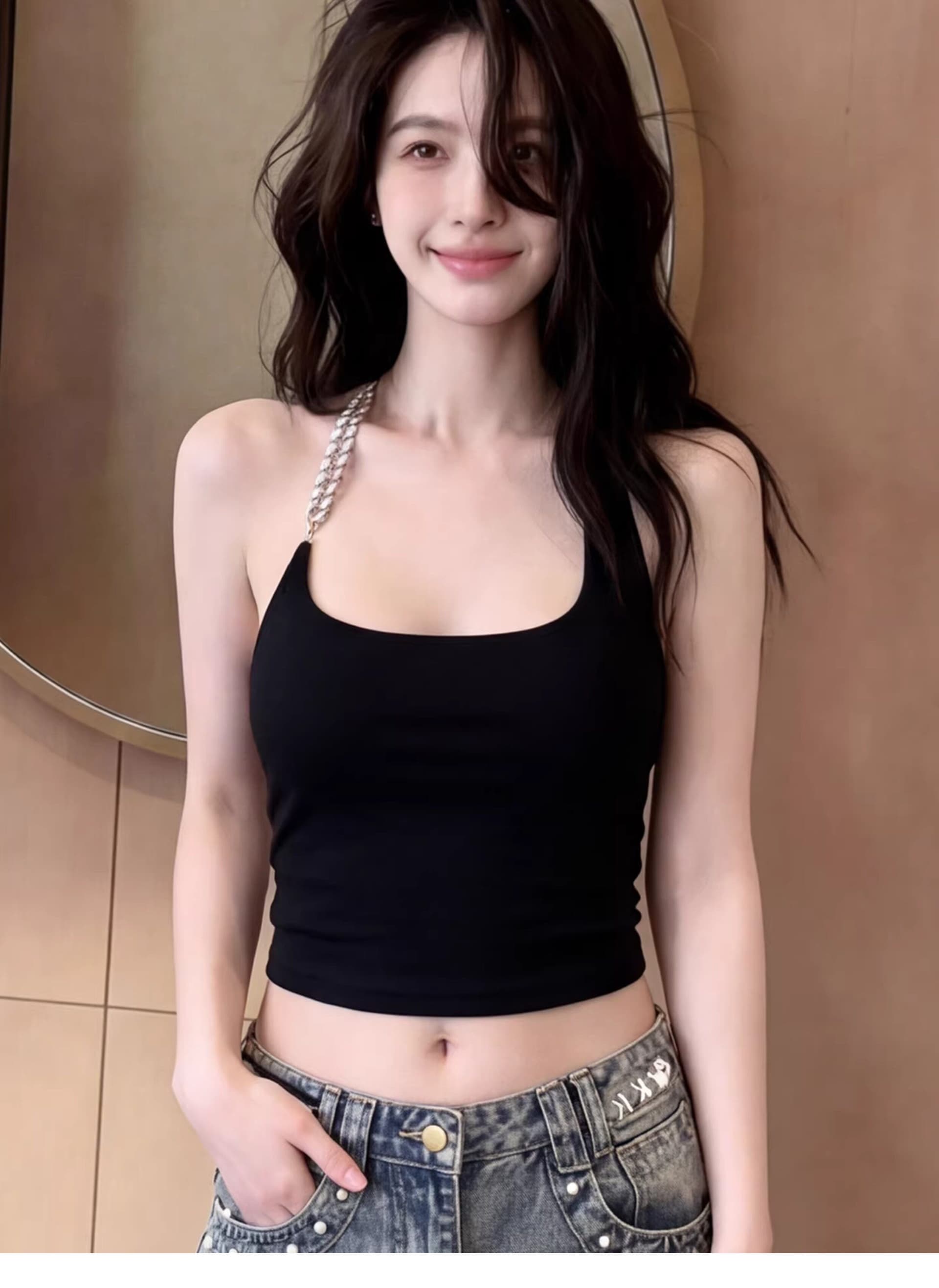 벨트 가슴 패드 체인 행침 목 백리스 캐미솔 여름 새로운 이미지 2