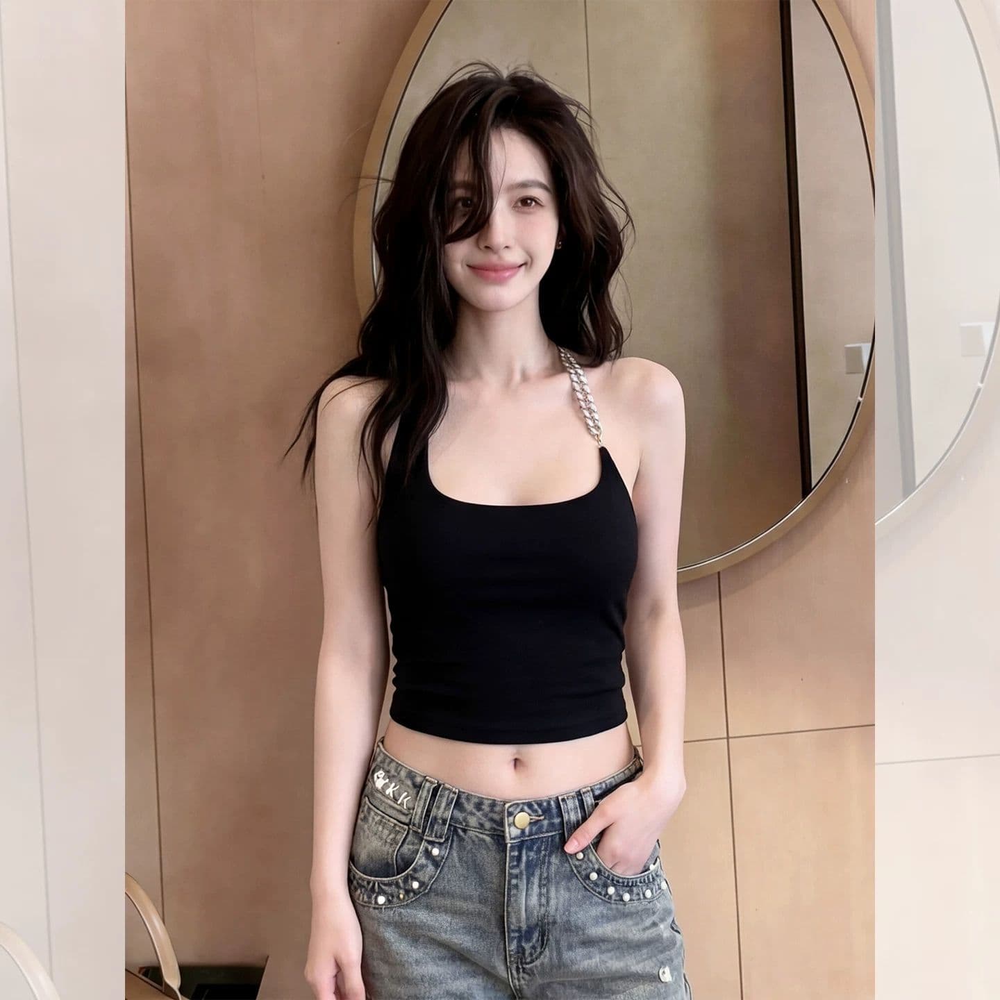 벨트 가슴 패드 체인 행침 목 백리스 캐미솔 여름 새로운 상세 이미지 2