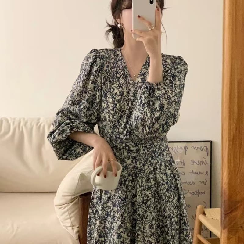 여름 드레스 빅 사이즈 여성 의류 품격 고급 센스 소금 부서 작은 키 V넥 꽃무늬 긴팔 드레스 m-4xl200 근 이미지 5