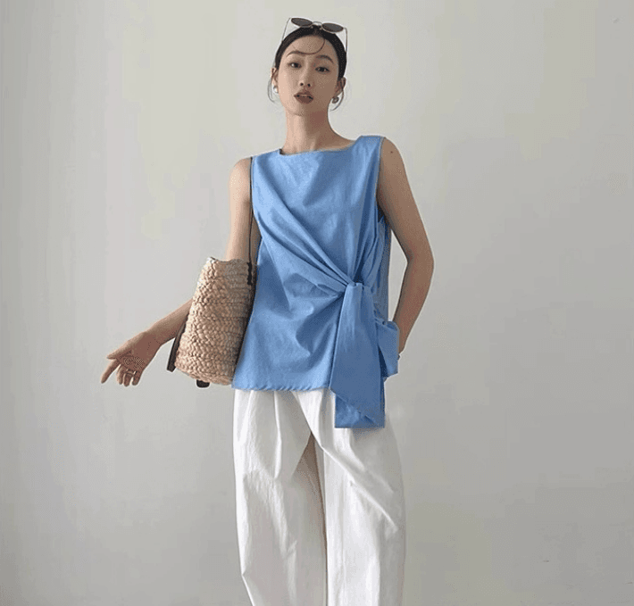 여름 드레스 새로운 빅 사이즈 여성 의류 디자인 센스 작은 대중 비틀림 면 린넨 베스트 조끼 품격 외출용 민소매 맨위 이미지 4