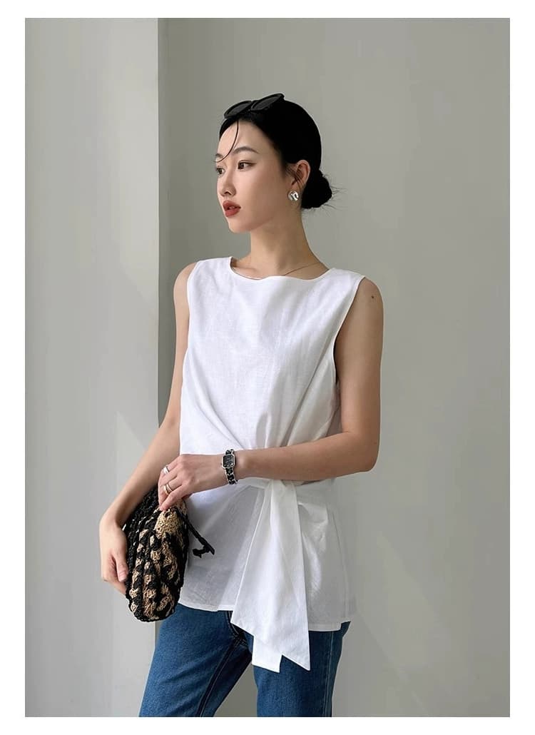여름 드레스 새로운 빅 사이즈 여성 의류 디자인 센스 작은 대중 비틀림 면 린넨 베스트 조끼 품격 외출용 민소매 맨위 상세 이미지 13