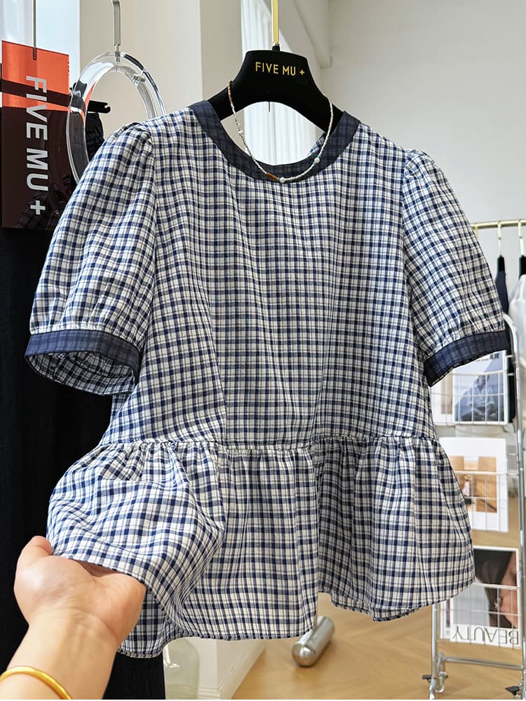 일본과 한국 대외 무역 한 부서 빛 럭셔리 연령 감소 라운드 넥 반팔 인형 셔츠 레트로 격자 무늬 셔츠 슈퍼 잘 생긴 치마 작은 셔츠 이미지 2
