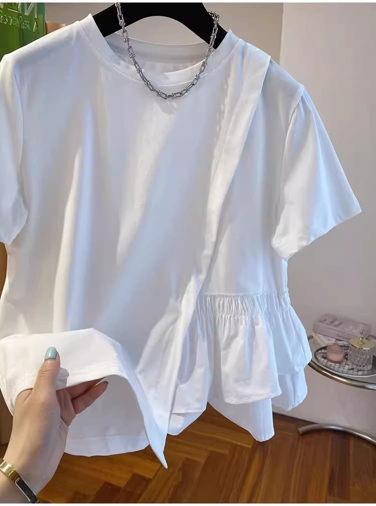 여름 드레스 새로운 빅 사이즈 여성 의류 통통한 여동생 Chic 불규칙 디자인 센스 허리 수축 반팔 셔츠 소나무 슬림해 보이는 맨위 상세 이미지 7
