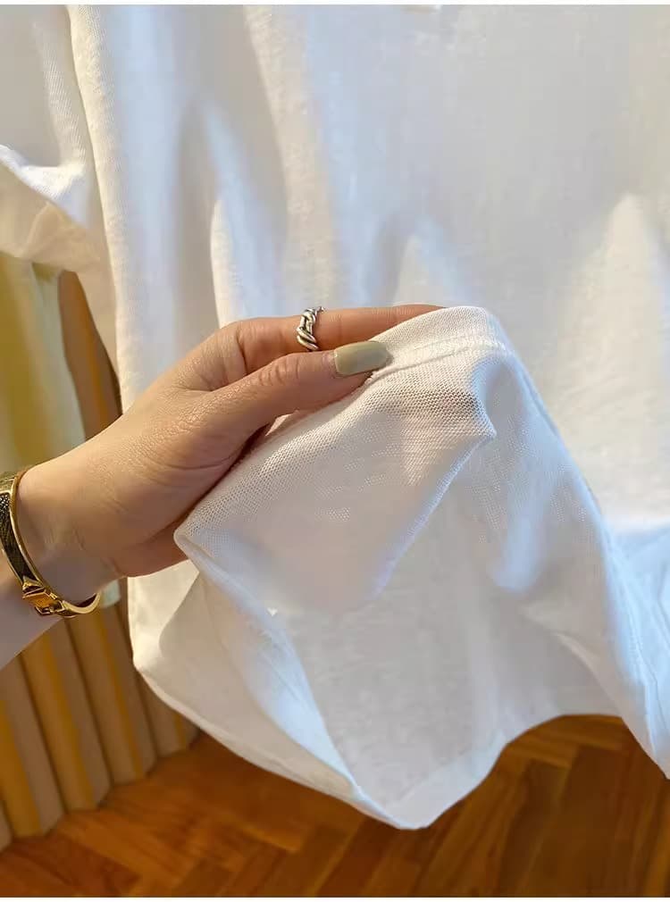 여름 드레스 새로운 빅 사이즈 여성 의류 한국 스타일 캐주얼 V넥 긍정적 인 어깨 프랑스식 달콤함 개성 반팔 티셔츠 여성 상세 이미지 17